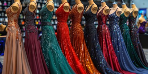 Fototapeta premium A vibrant display of elegant evening dresses in various colors and intricate designs lined up on mannequins in a fashion boutique setting