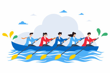 Flat illustration of employees rowing boat in unison, representing teamwork and synergy © VZ_Art