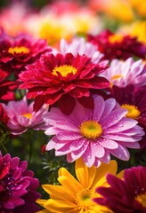 Obraz premium vibrant floral display illuminated radiant natural light showcasing colorful array blossoms greenery, blooms, flowers, petals, garden, sunlight, radiance