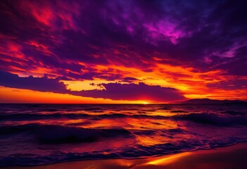 Fototapeta premium vivid outlines vibrant sunset horizon showcasing dramatic colors striking forms, sky, orange, pink, blue, yellow, gradient, clouds, light, shadows, landscape