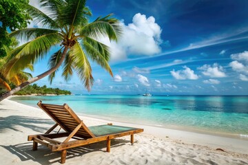 Relax on a beach chaise lounge under palm trees in a tropical paradise. Generative AI