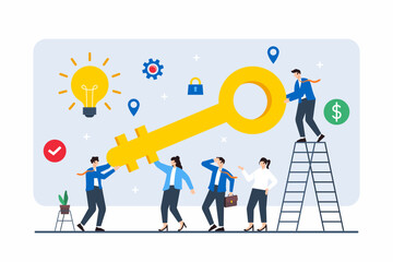 Flat illustration of team members with giant key to unlock business potential