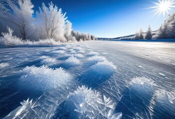icy landscape highlighting intricate snowflake patterns sparkling ice crystals frosty terrain under clear blue sky, sparkle, texture, winter, scene, white
