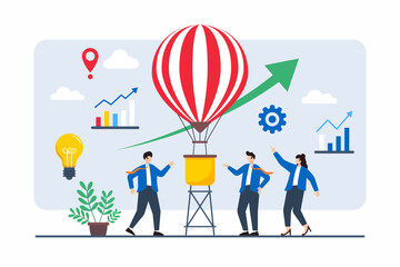 Flat illustration of team launching hot air balloon, representing business growth and expansion