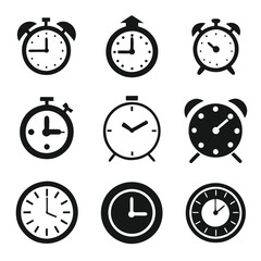 Set of Different Simple Clock Icons Vector Illustrations Featuring Various Clock Designs in a Minimalistic Style on a White Background, Perfect for Time-Related Graphics and User Interface Design