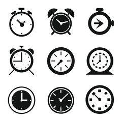 Set of Different Simple Clock Icons Vector Illustrations Featuring Various Clock Designs in a Minimalistic Style on a White Background, Perfect for Time-Related Graphics and User Interface Design