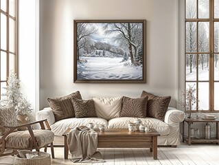 Modern interiors, living room, empty large painting with light wooden frame over the couch