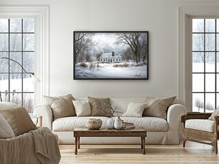 Modern interiors, living room, empty large painting with light wooden frame over the couch