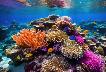 Obraz premium vibrant coral reefs filled colorful marine species lively underwater ecosystem, aquatic, biodiversity, fish, anemone, seaweed, ocean, habitat, tropical