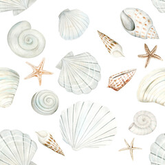 Seamless pattern of beige sea shells, stars and pebbles watercolor illustration. Hand drawn ocean clams clipart for marine and seaside designs in monochrome pastel colors