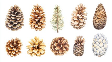 Pine cones set. White background. Watercolor illustrations