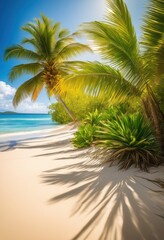 Obraz premium lush green plants surrounded bright sunlit sandy beaches creating serene tropical paradise, coast, nature, landscape, vibrant, flora, summer, outdoor