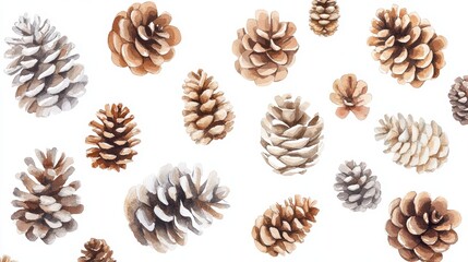 Pine cones set. White background. Watercolor illustrations