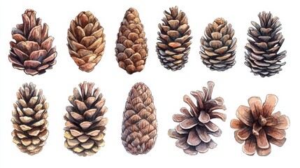 Pine cones set. White background. Watercolor illustrations