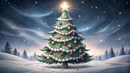 Decorated Christmas Tree Under Starry Night Sky in Snowy Winter Landscape