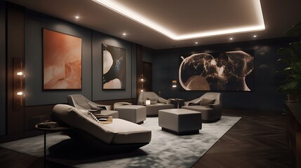 An artfully designed entertainment room with modern technology and comfort
