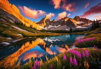 Fototapeta premium stunning sunrise over majestic mountain peaks surrounded dramatic clouds illuminating sky, landscape, nature, scenery, dawn, horizon, beauty, light