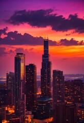 Fototapeta premium breathtaking sunset views featuring vibrant city skyline colorful horizon, landscape, light, cloud, beauty, architecture, twilight, dusk, scenery, silhouette