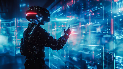Obraz premium A person wearing a VR headset interacts with a futuristic virtual interface full of data and digital graphics, representing technology and innovation.
