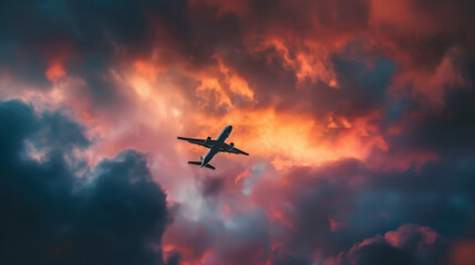 Naklejka premium Airplane Flying Against Dramatic Sky with Copy-Space.