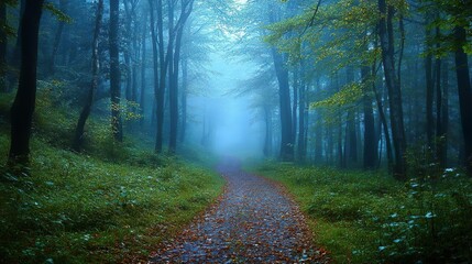 Obraz premium Tranquil forest path shrouded in mist perfect for serene and atmospheric wallpaper designs
