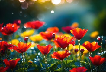 Obraz premium vibrant close colorful garden blooms lush foliage displaying medley textures natural beauty, rainbow, lgbtq, lgbt, pride, love, equality, petals, leaves