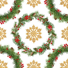 Christmas seamless pattern. Festive Christmas wreath and golden decorative snowflakes isolated on white background. Pattern for wrapping paper, greeting cards, invitations, fabric, prints.