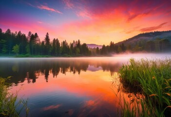 Obraz premium vibrant dawn colors reflected calm lake waters surrounded tranquility, sunrise, reflection, nature, landscape, scenery, sky, beauty, horizon, light