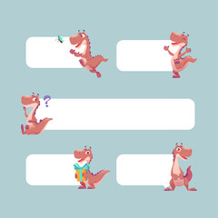 Fototapeta premium dinosaur banners. empty geometrical badges for ads with funny mascot dinosaur in action poses