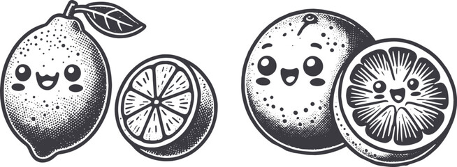 Grunge-Style Lemon and Orange Smiling Fruit Character with Texture, Rough Hand-Drawn with Grainy Print Effect.