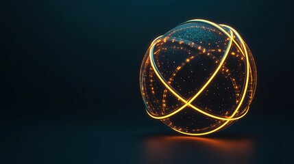 A 3D glowing sphere with energy rings circling around it, 3D glow, sphere, energy
