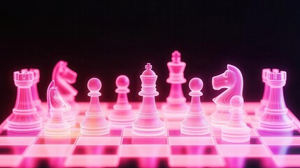 A glowing 3D chessboard with pieces made of light, 3D glow, chess, strategy