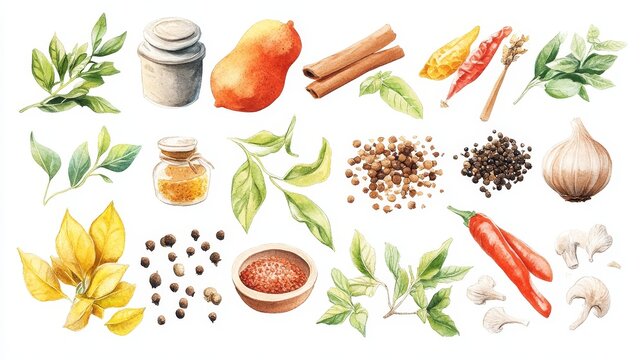 Spices ingredients set. White background. Watercolor illustrations