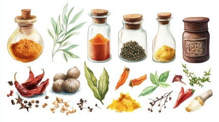 Spices ingredients set. White background. Watercolor illustrations