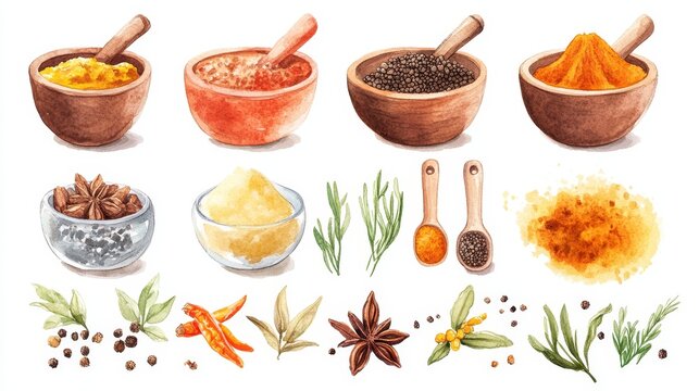 Spices ingredients set. White background. Watercolor illustrations