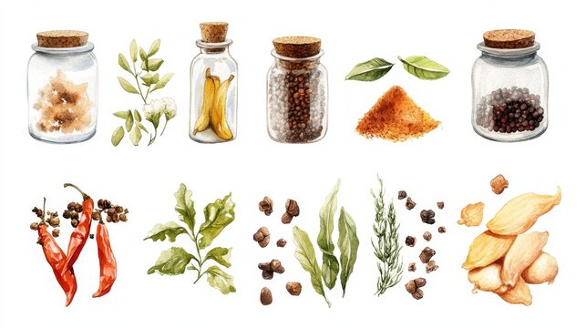 Spices ingredients set. White background. Watercolor illustrations