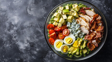 Obraz premium Cobb salad in a glass bowl combining chicken, bacon, avocado, eggs, tomatoes, and blue cheese