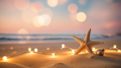 Starfish and Christmas ornament with string lights on sandy beach at sunset. Coastal holiday theme. Holiday beach vacation concept for Christmas card, invitation, postcard, banner.
