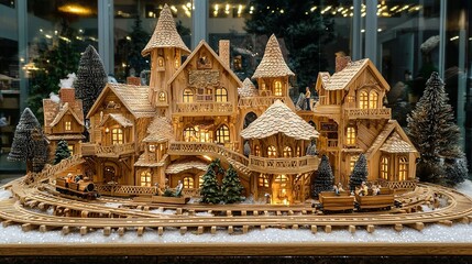 Fototapeta premium A wooden model of a house with a train on the tracks in front of it and Christmas trees in the background