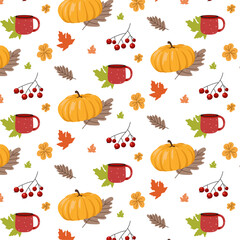 Seamless colorful autumn pattern with yellow pumpkins, green maple leaves, rowan, red mug and flowers on white background for banner, wallpapers, fabrics, packaging