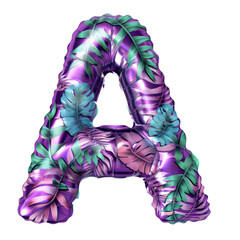 purple color metallic leaves A alphabet balloon Realistic 3D on white background. Generative ai