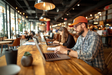 A diverse group of people using laptops and smartphones to connect with each other in a modern coworking space.
