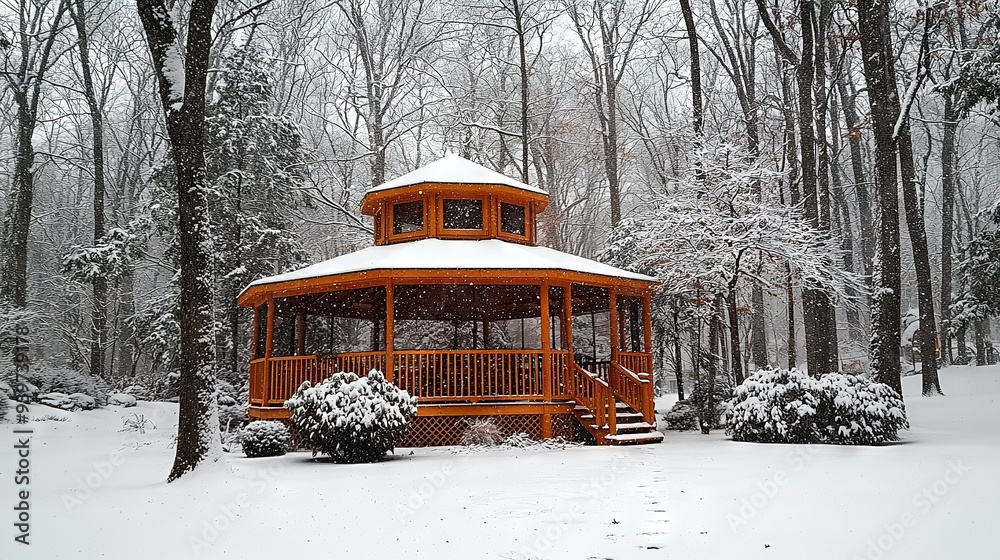 Sticker a snow-covered gazebo sits amidst a dense forest of towering trees