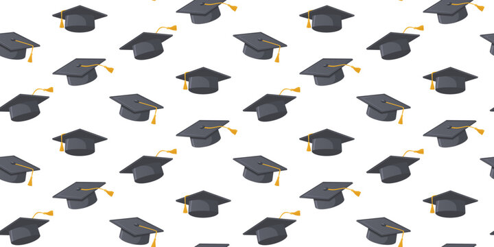 Graduation caps background. A seamless vector pattern featuring black gray graduation caps with gold tassels, symbolizing academic achievement and graduation. For educational and celebratory designs