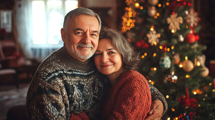 Happy middle-aged husband and wife hugging each other near the Christmas tree