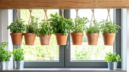 A collection of rustic terracotta hanger pots with herbs, hanging from a wooden beam in a farmhouse kitchen