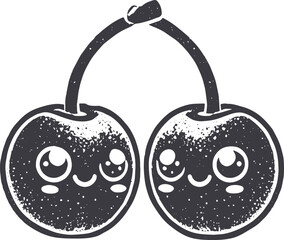 Grunge-Style Cherry Smiling Fruit Character with Texture, Rough Hand-Drawn with Grainy Print Effect.