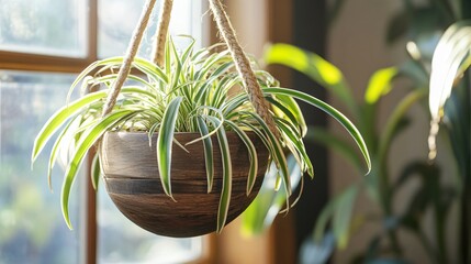 A single large hanger pot made from reclaimed wood, housing a lush spider plant, hanging in an eco-friendly home
