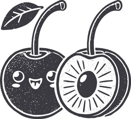 Grunge-Style Cherry Smiling Fruit Character with Texture, Rough Hand-Drawn with Grainy Print Effect.