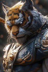 Ancient Tiger warrior wearing Silver armor with sunlight on him